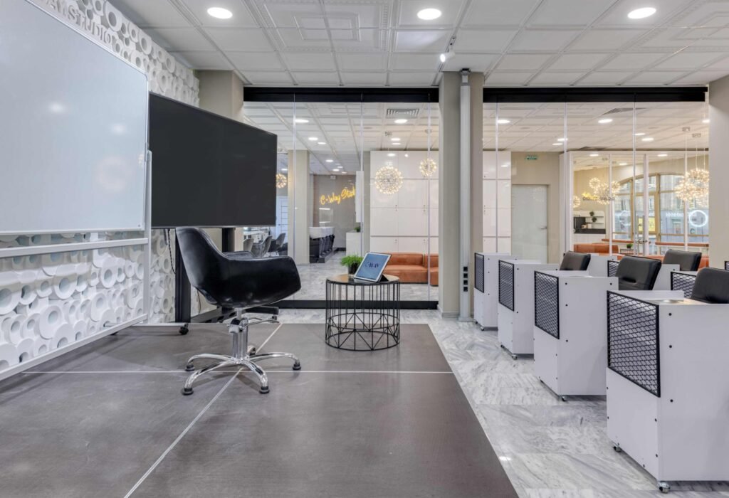 Interactive flat panel display on mobile stand in modern office collaborative space, Pixora